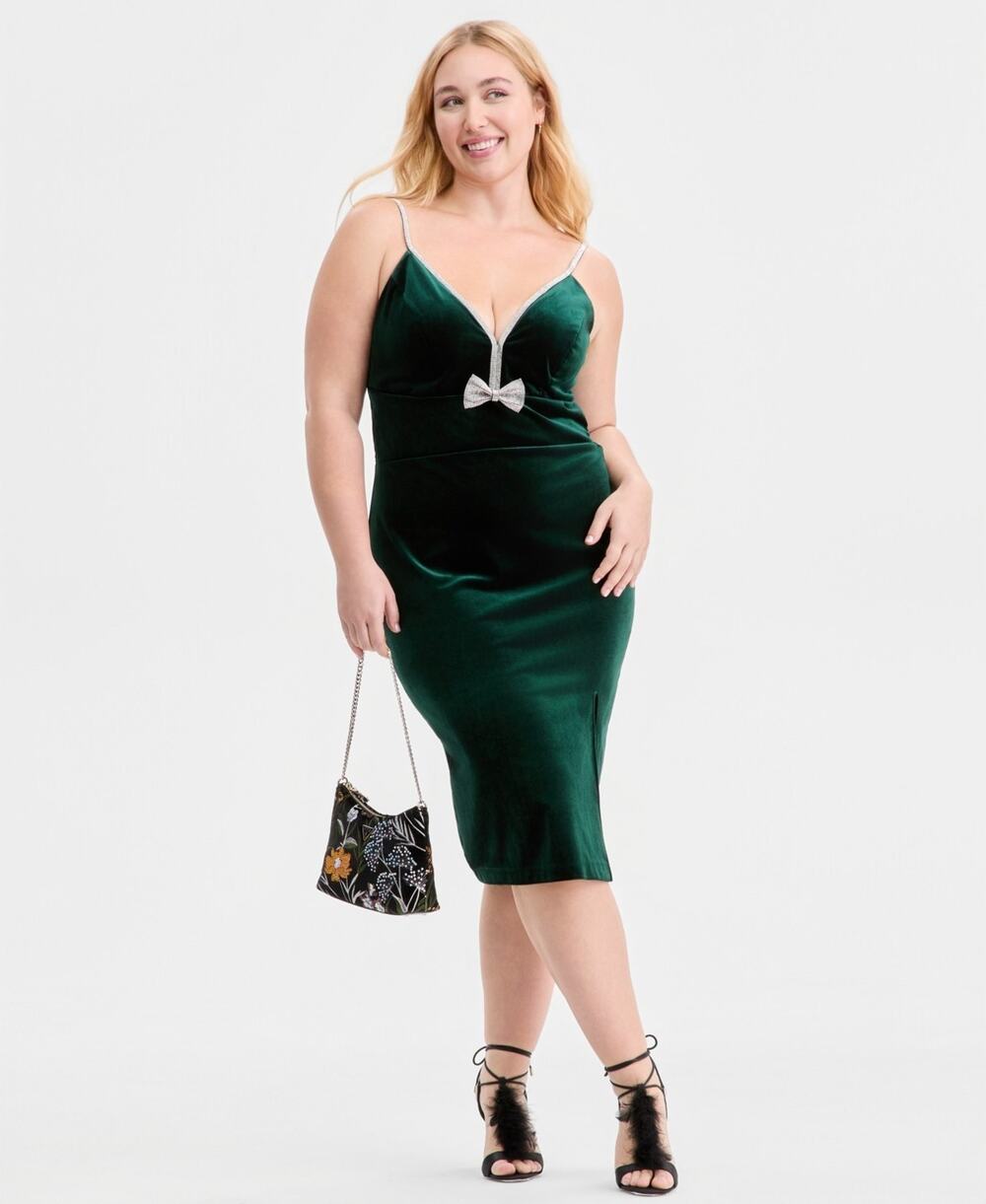 pear culture Trendy Plus Size Rhinestone Bow Velvet Midi Dress Size 16/17 1440